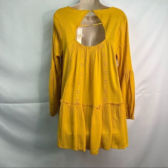 Adiva Mustard Gold Ruffled Boho Long sleeve tunic gauze top - Picture 8 of 16